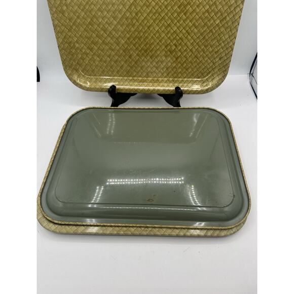 Vintage Woven Bamboo Print Metal tray Set Of 4 Rattan basket Print Set Tv Trays - Picture 7 of 7